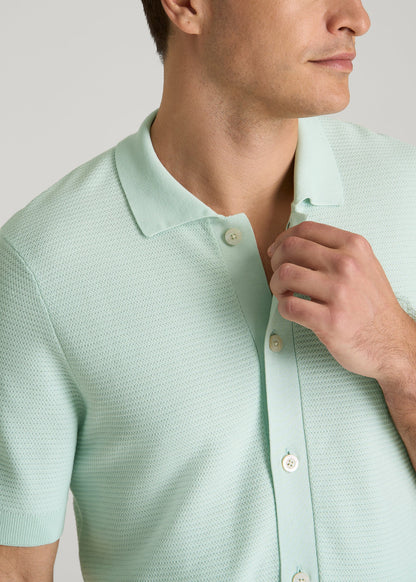 Braided Knit Short Sleeve Polo Cardigan for Tall Men in Opal Blue