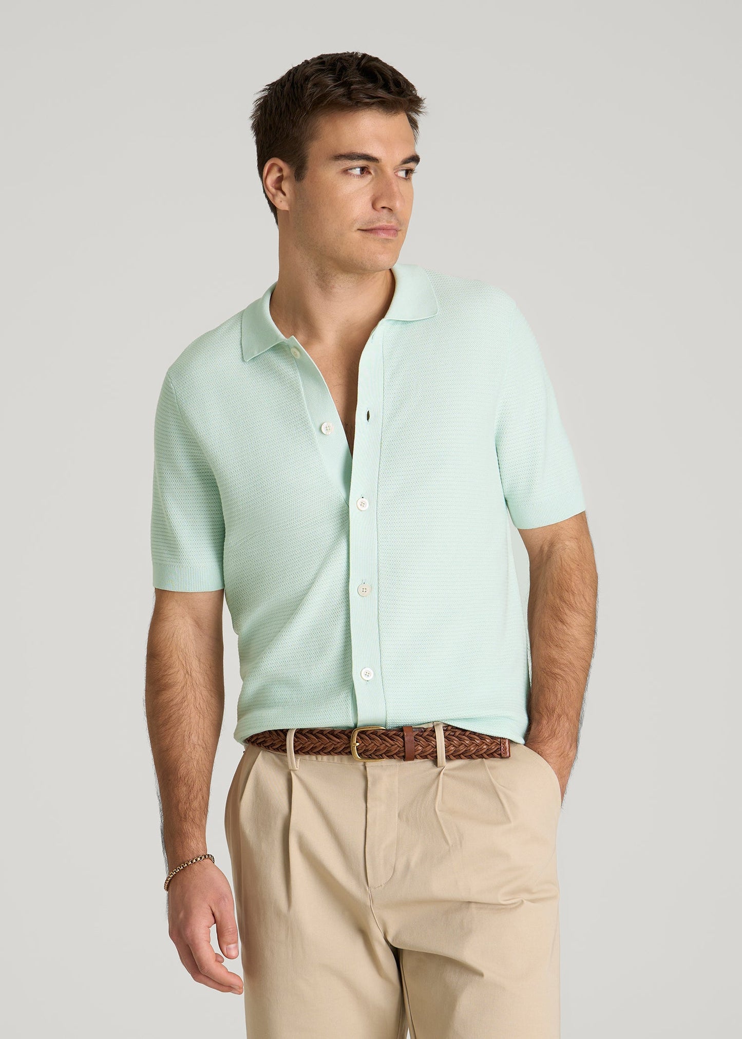 Braided Knit Short Sleeve Polo Cardigan for Tall Men in Opal Blue