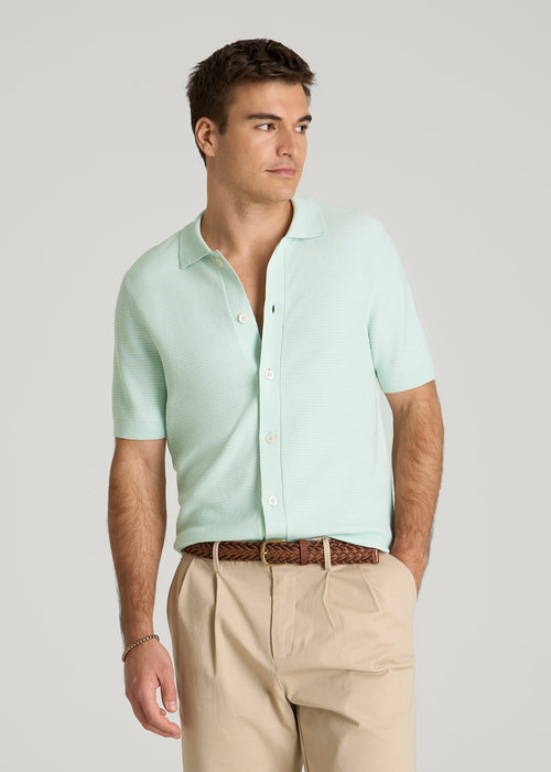 Braided Knit Short Sleeve Polo Cardigan for Tall Men in Opal Blue