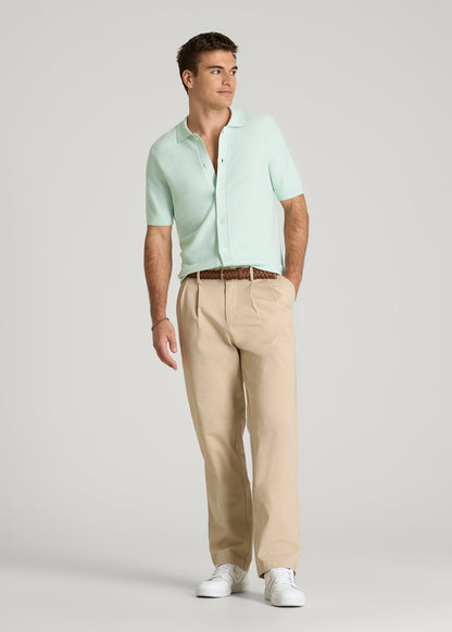 Braided Knit Short Sleeve Polo Cardigan for Tall Men in Opal Blue
