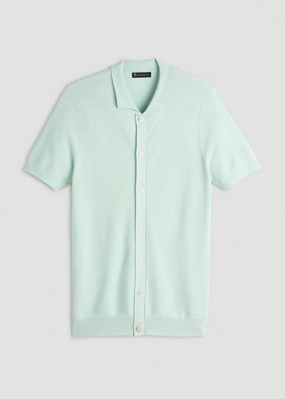 Braided Knit Short Sleeve Polo Cardigan for Tall Men in Opal Blue