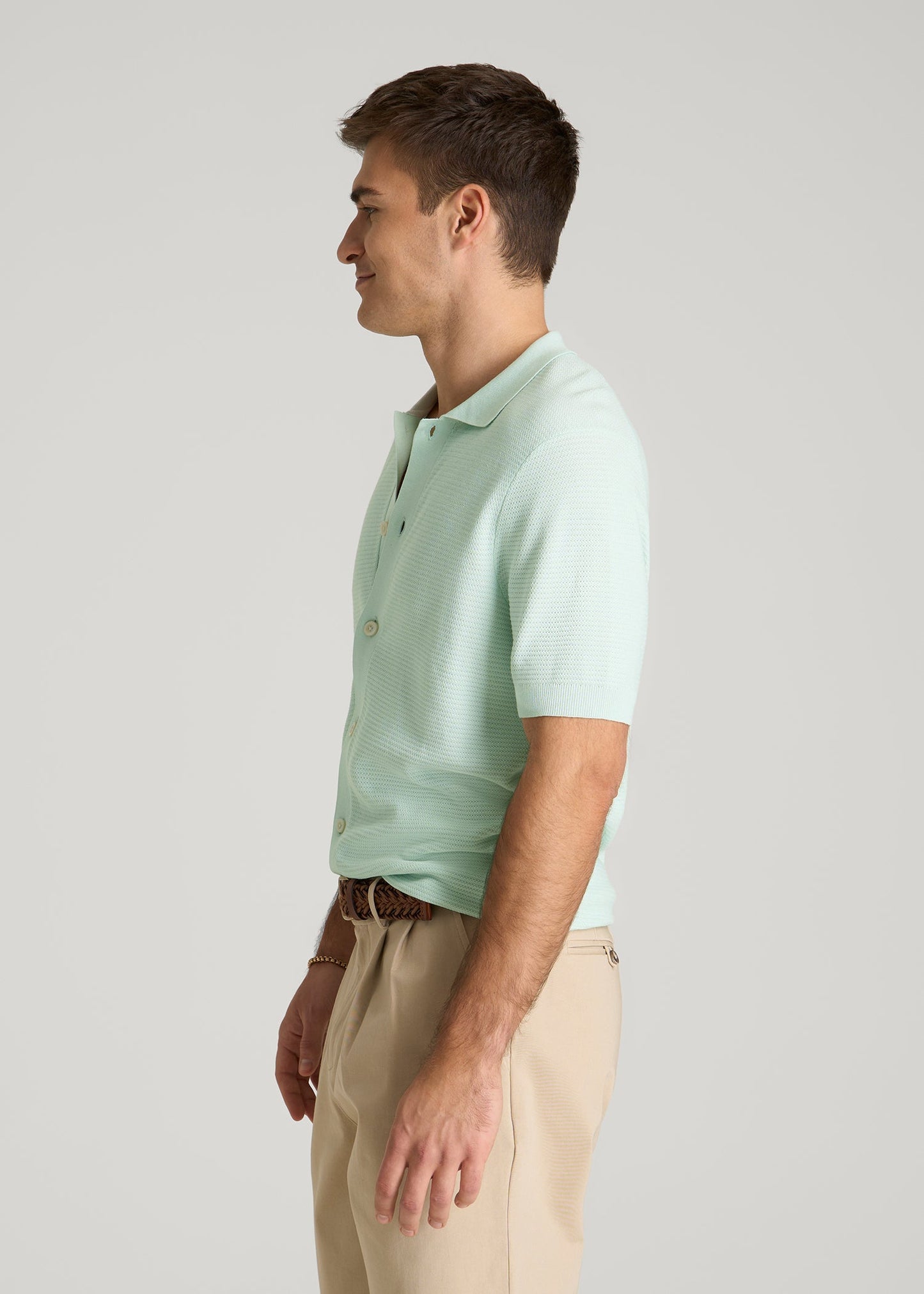 Braided Knit Short Sleeve Polo Cardigan for Tall Men in Opal Blue
