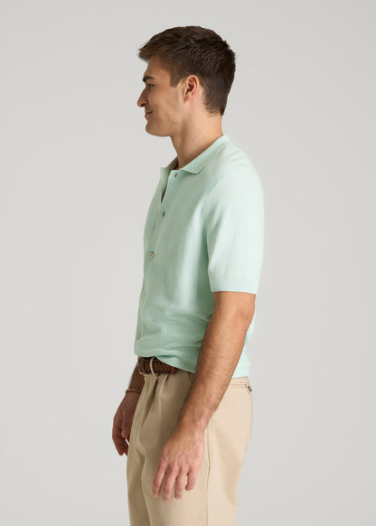 Braided Knit Short Sleeve Polo Cardigan for Tall Men in Opal Blue