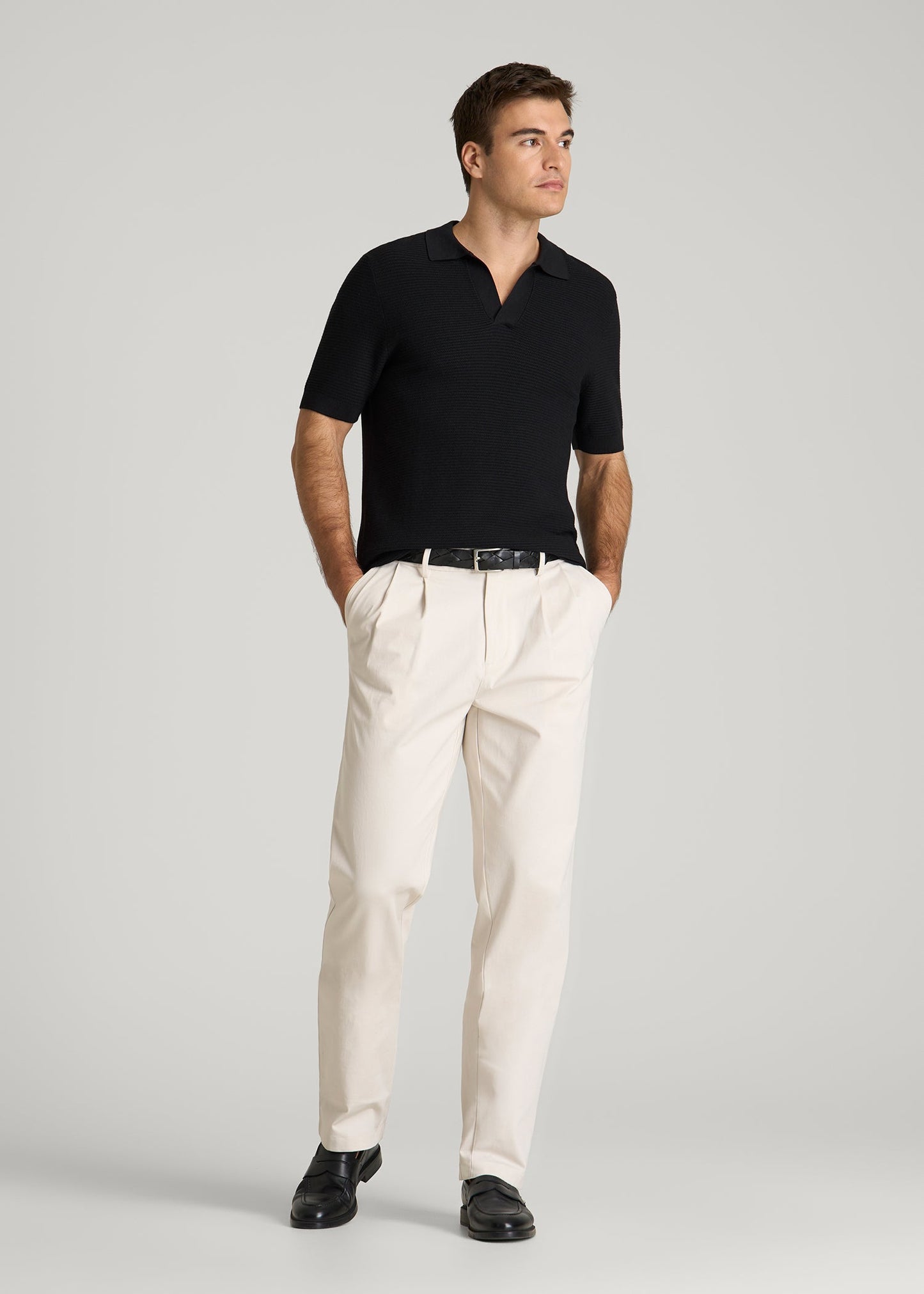 Braided Knit Sweater Polo for Tall Men in Black