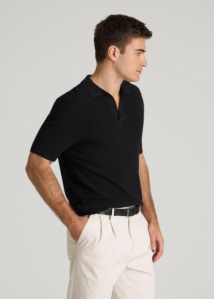 Braided Knit Sweater Polo for Tall Men in Black