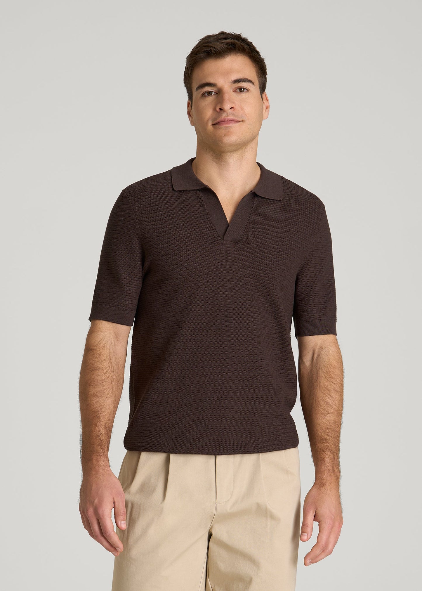 Braided Knit Sweater Polo for Tall Men in Espresso