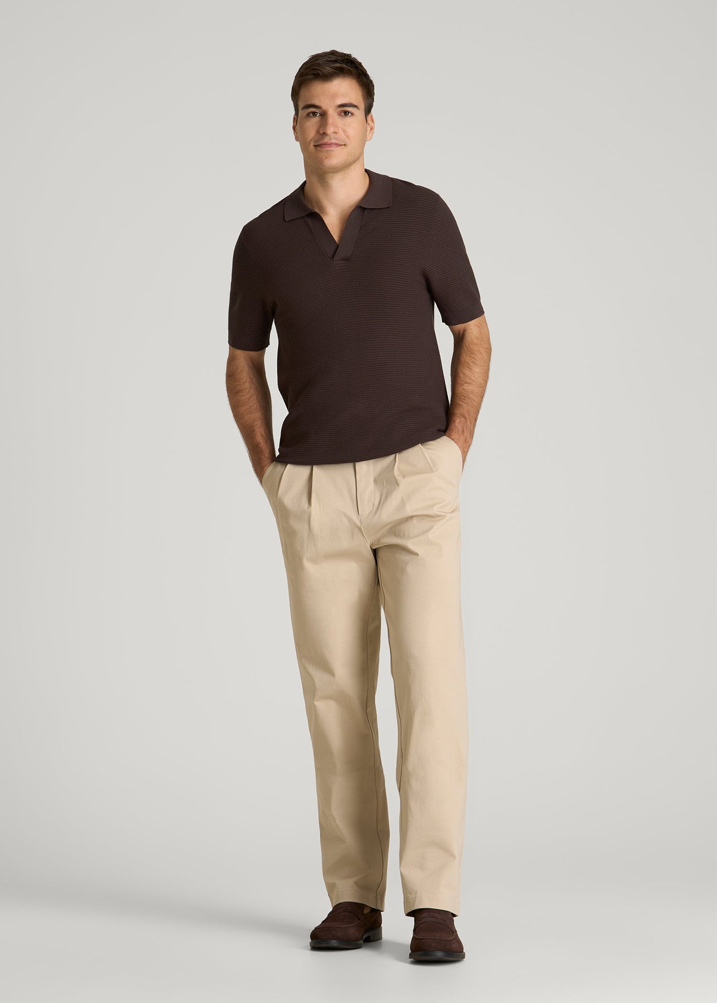 Braided Knit Sweater Polo for Tall Men in Espresso