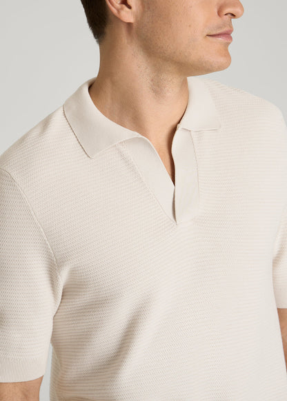 Braided Knit Sweater Polo for Tall Men in White Sand