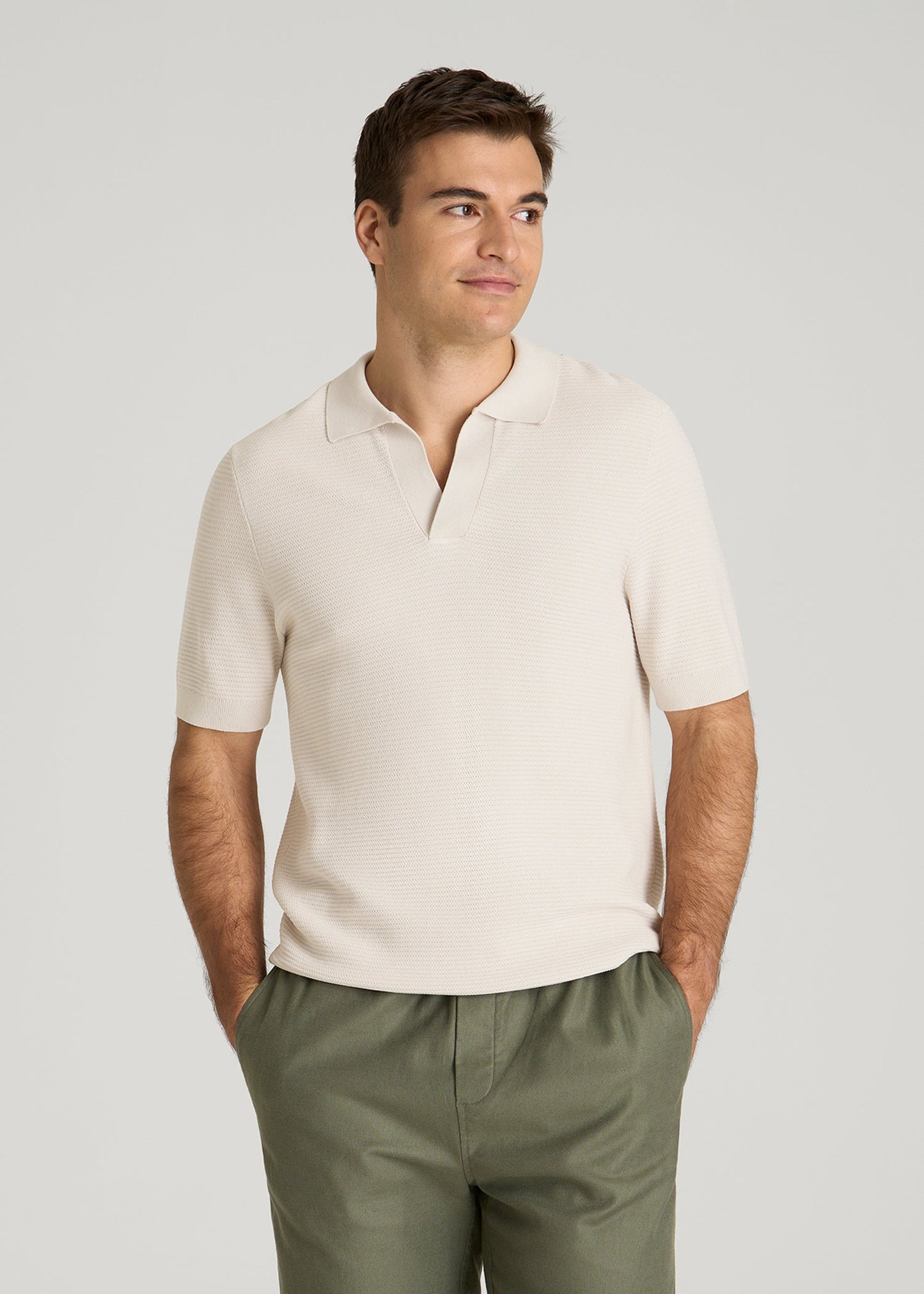 Braided Knit Sweater Polo for Tall Men in White Sand