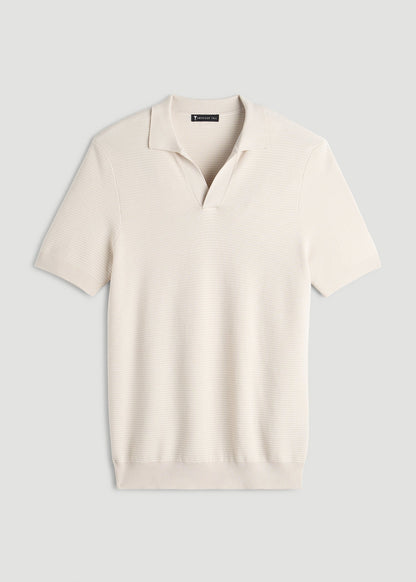 Braided Knit Sweater Polo for Tall Men in White Sand