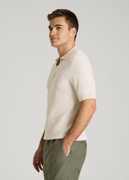 Braided Knit Sweater Polo for Tall Men in White Sand