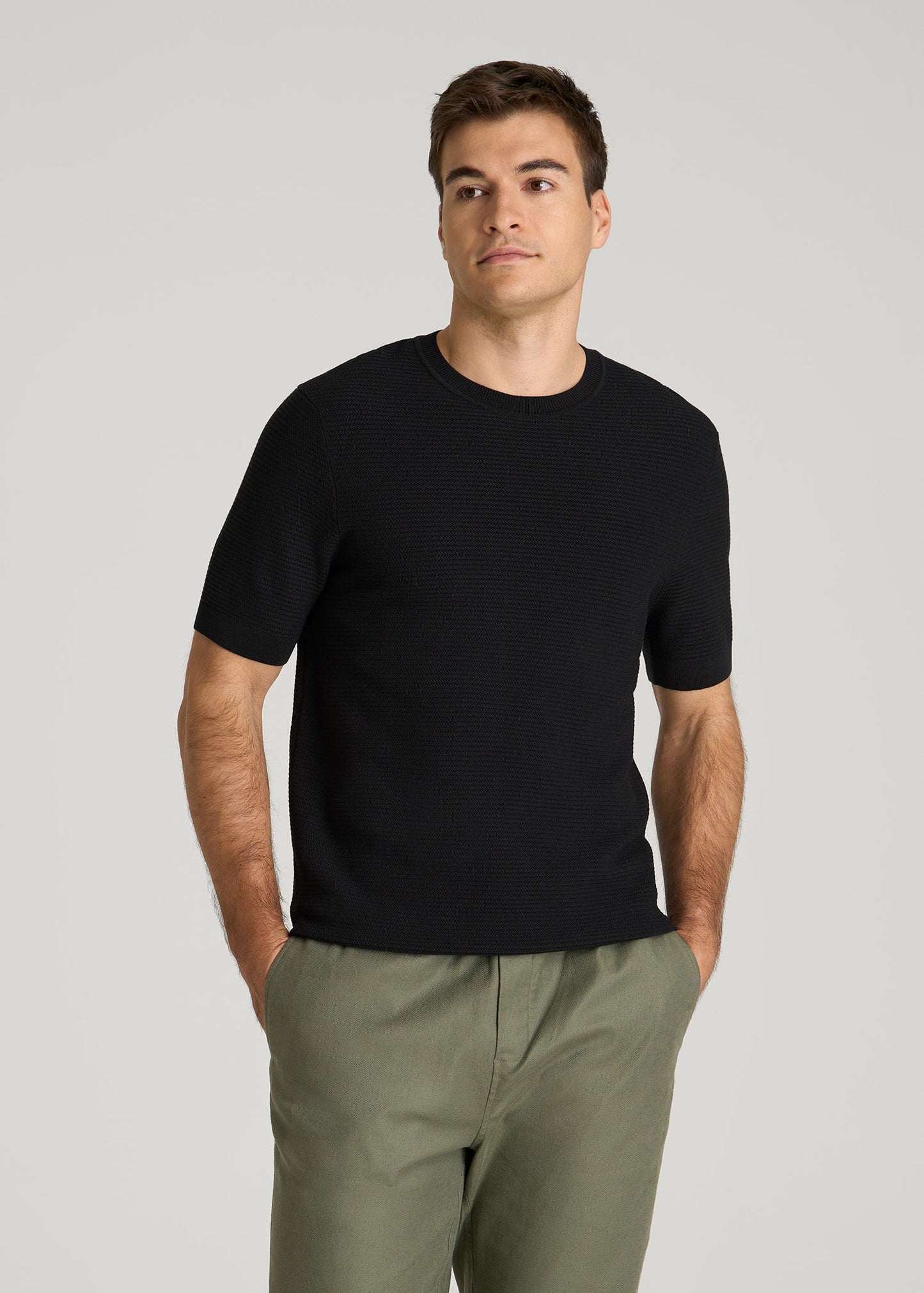 Braided Knit T-Shirt for Tall Men in Black