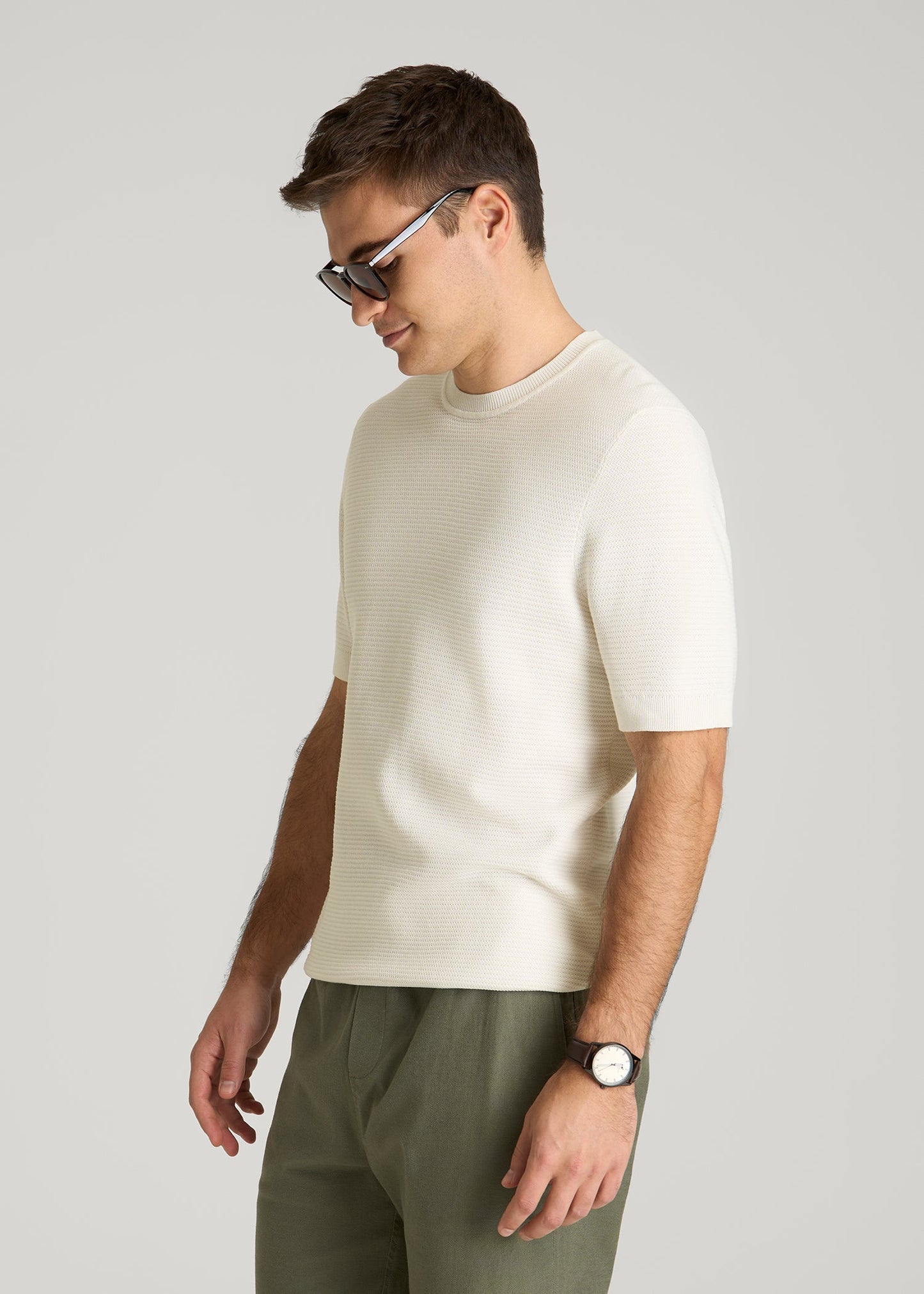 Braided Knit T-Shirt for Tall Men in Ecru