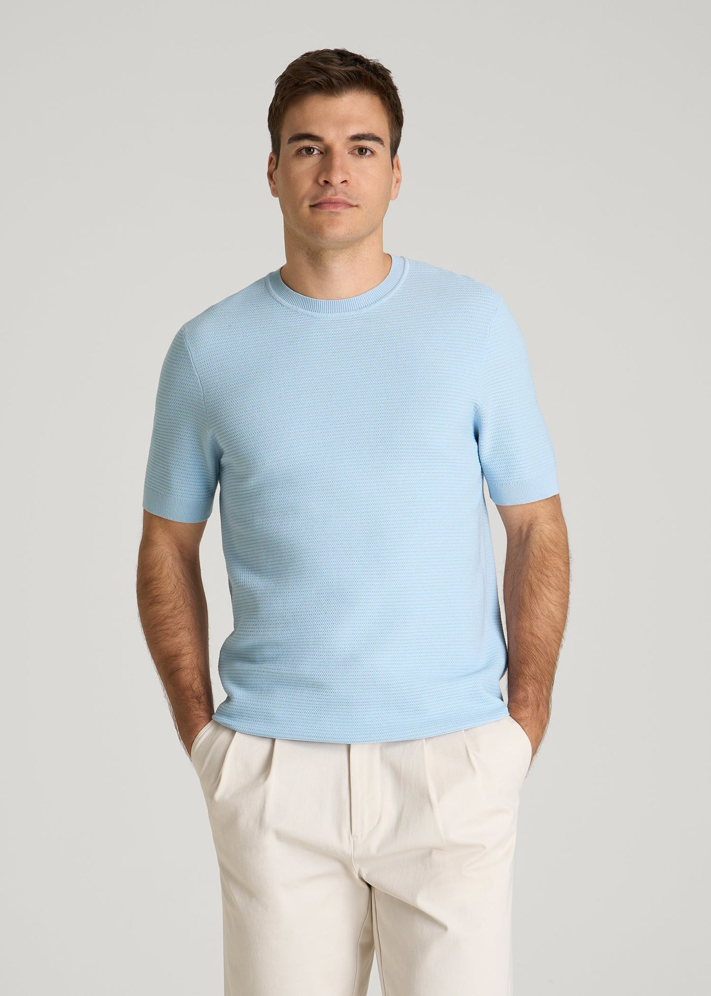 Braided Knit T-Shirt for Tall Men in Ice Blue