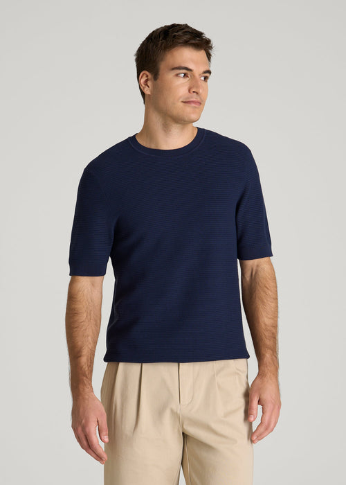 Braided Knit T-Shirt for Tall Men in Navy Blue