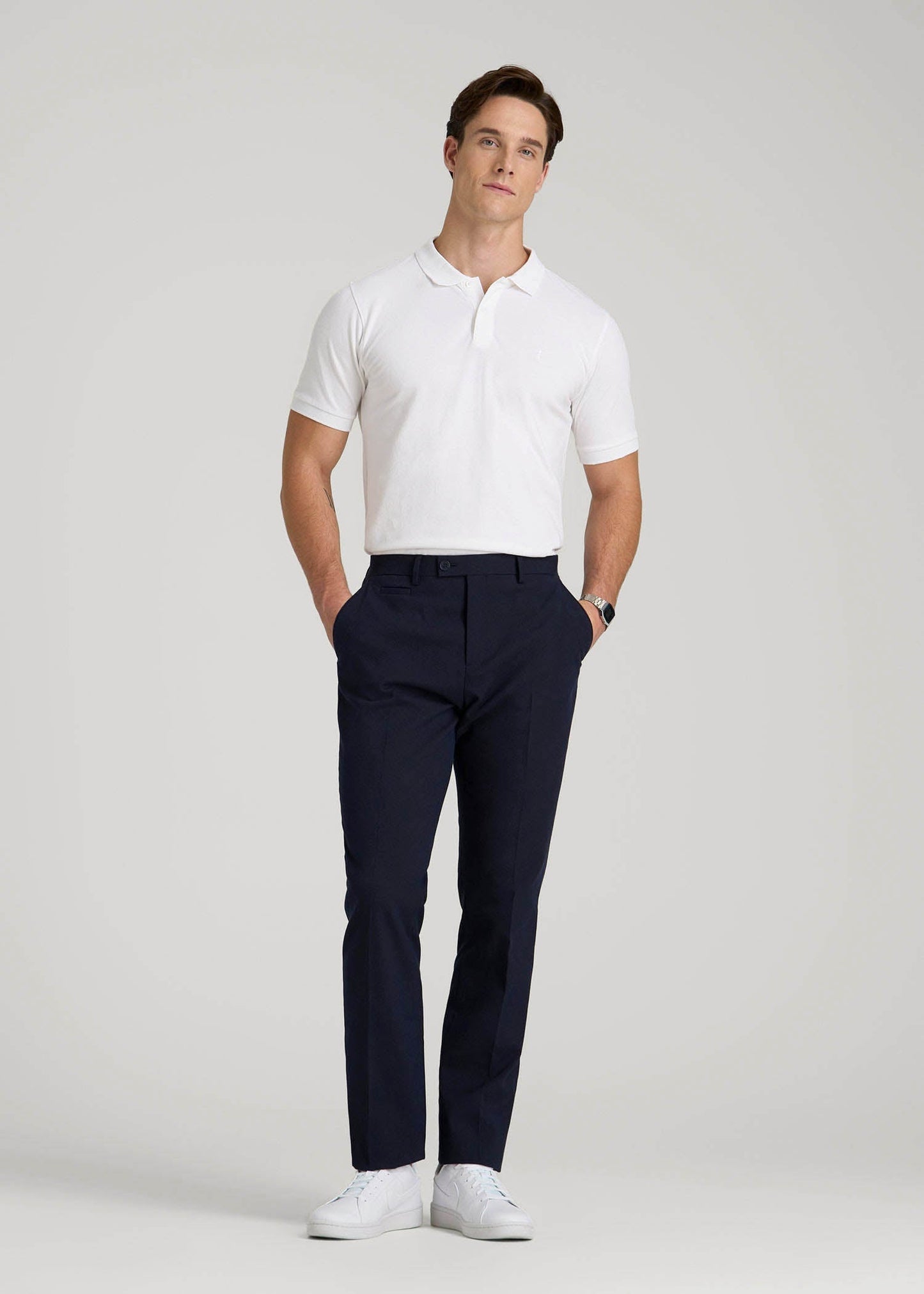 Classic Polo with Embroidered Logo for Tall Men in Bright White