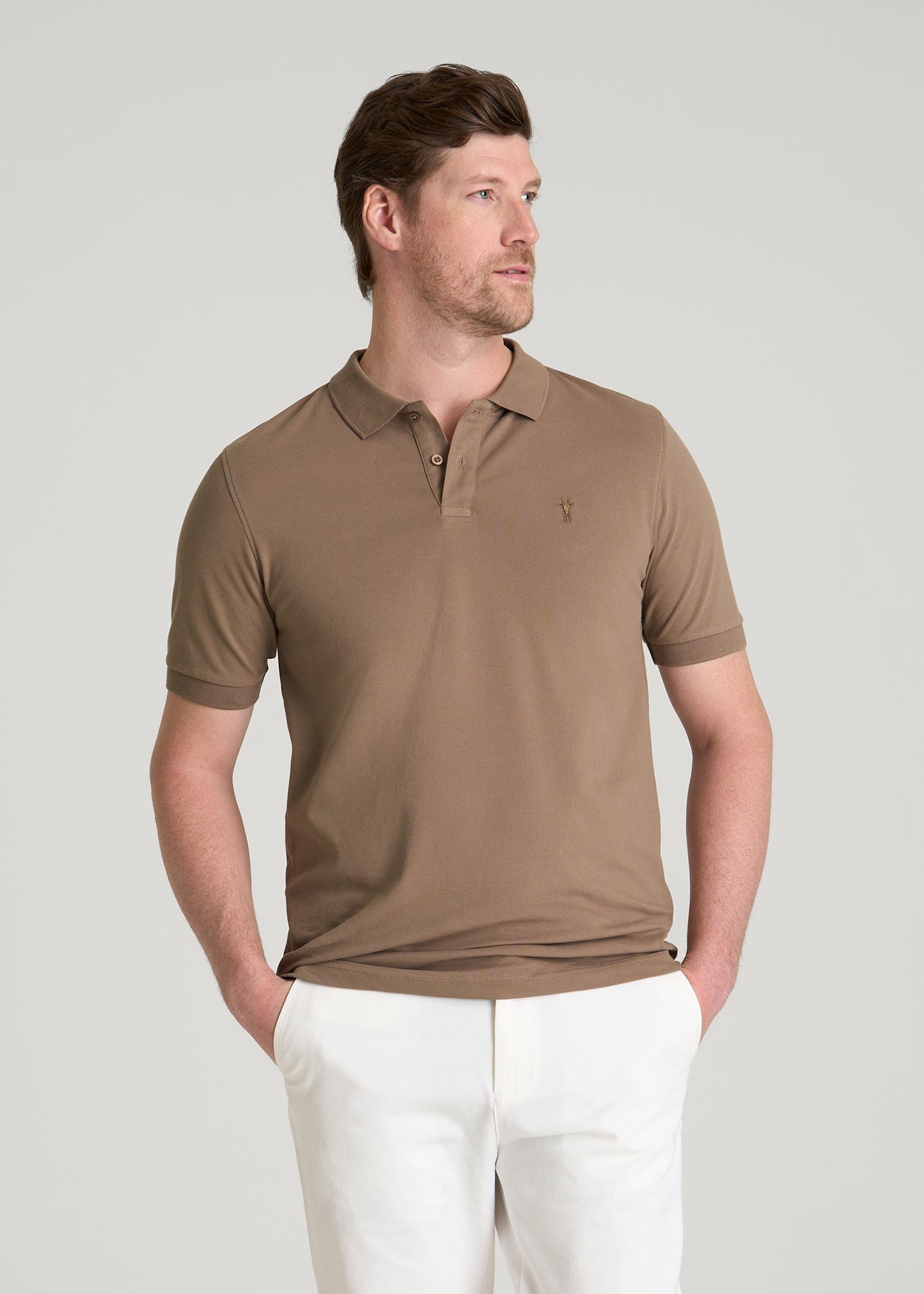 Classic Polo with Embroidered Logo for Tall Men in Warm Brown