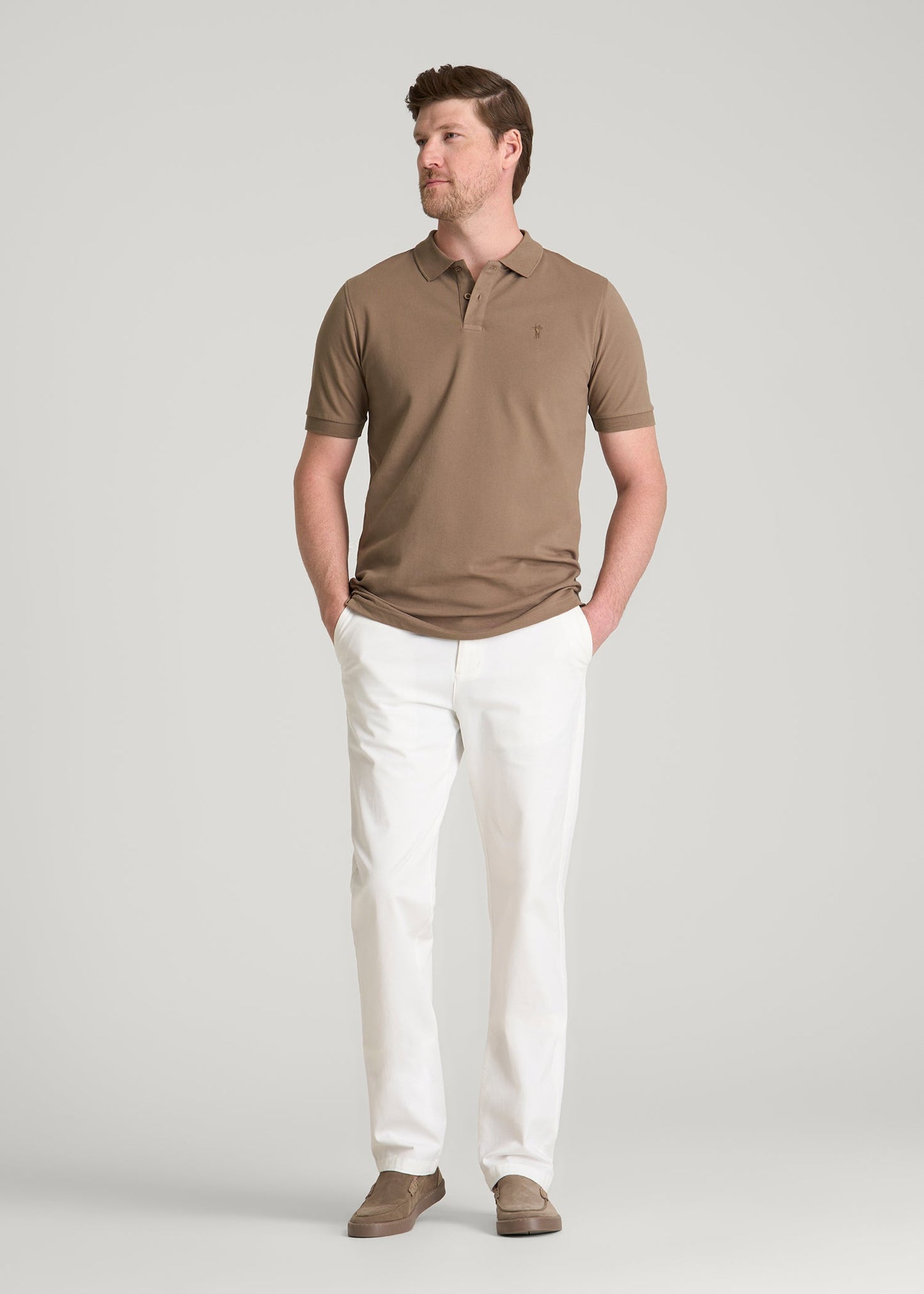 Classic Polo with Embroidered Logo for Tall Men in Warm Brown