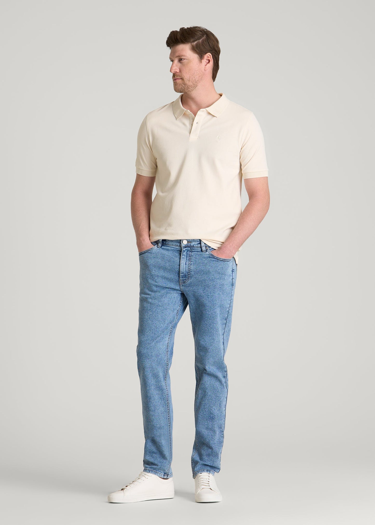 Classic Polo with Embroidered Logo for Tall Men in White Sand