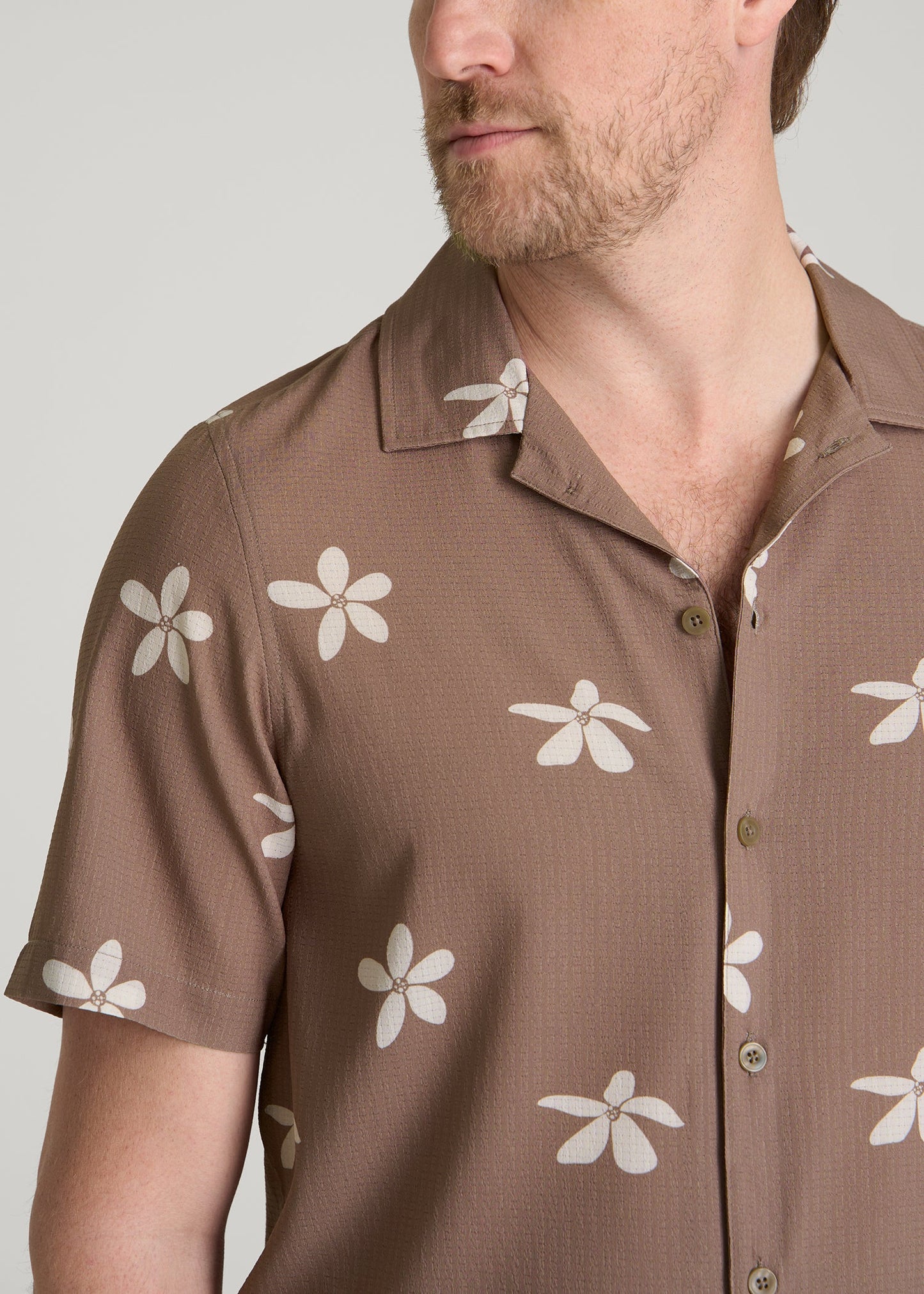 Coastal Perforated Button shirt for Tall Men in Warm Brown Floral
