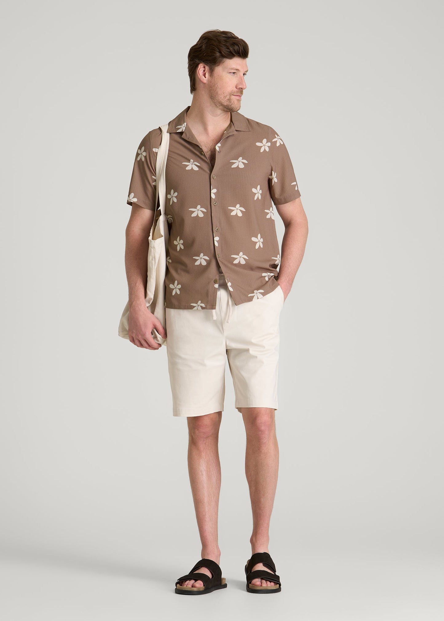 Coastal Perforated Button shirt for Tall Men in Warm Brown Floral