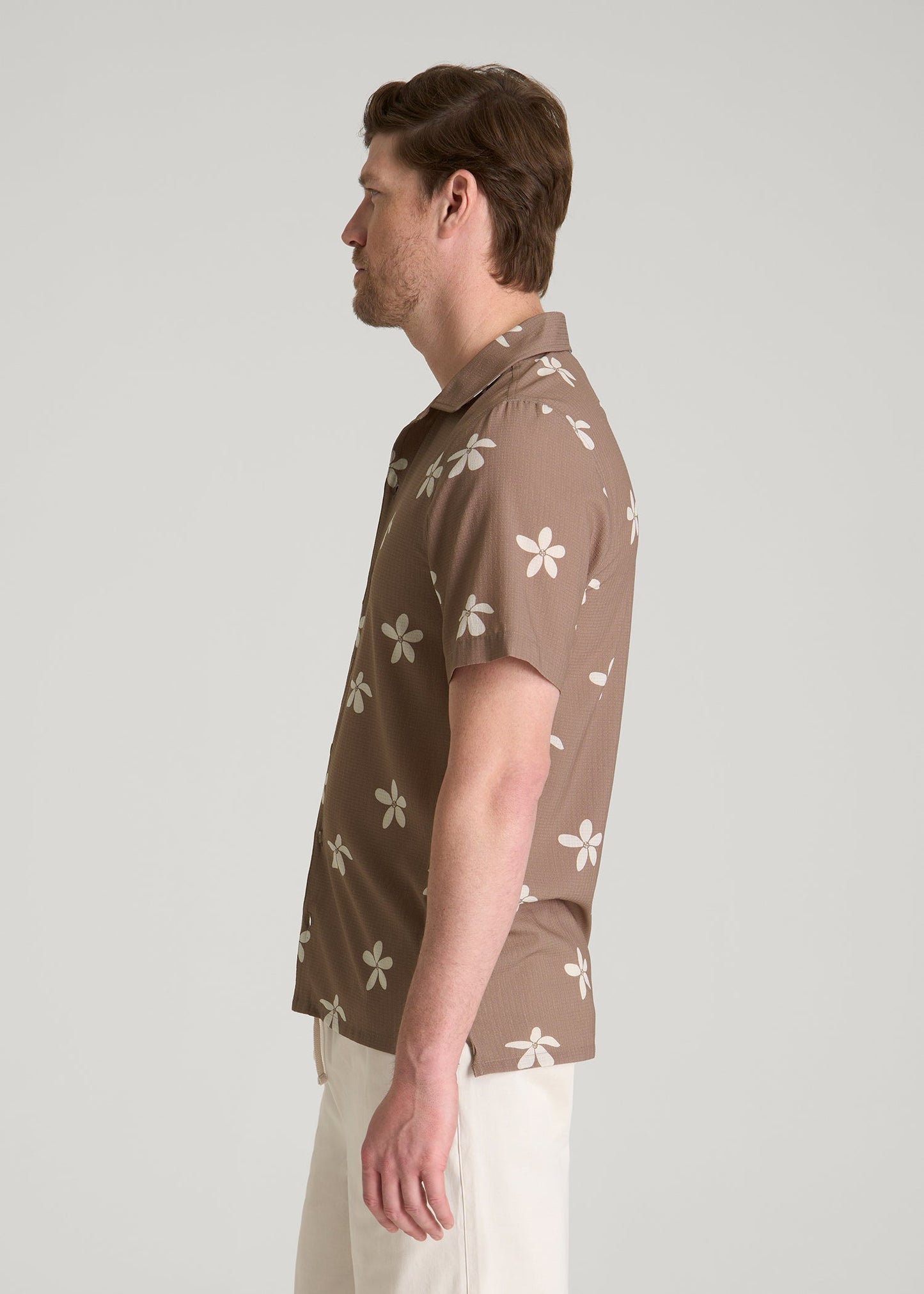 Coastal Perforated Button shirt for Tall Men in Warm Brown Floral