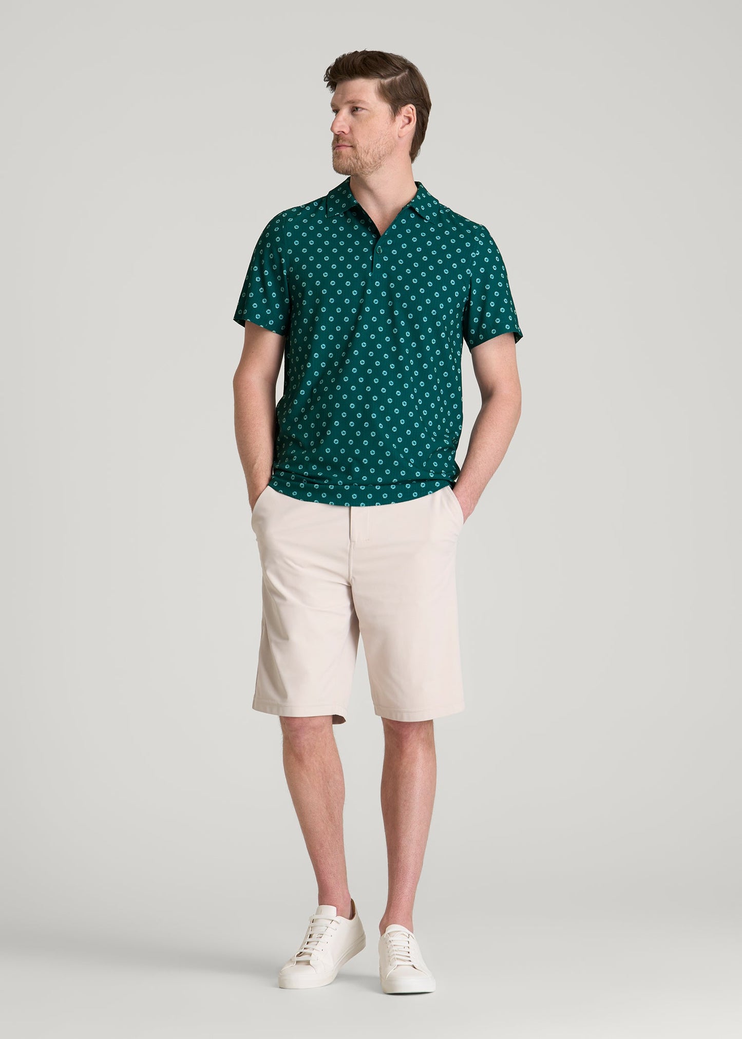 Coastal Perforated Polo for Tall Men in Deep Teal Floral