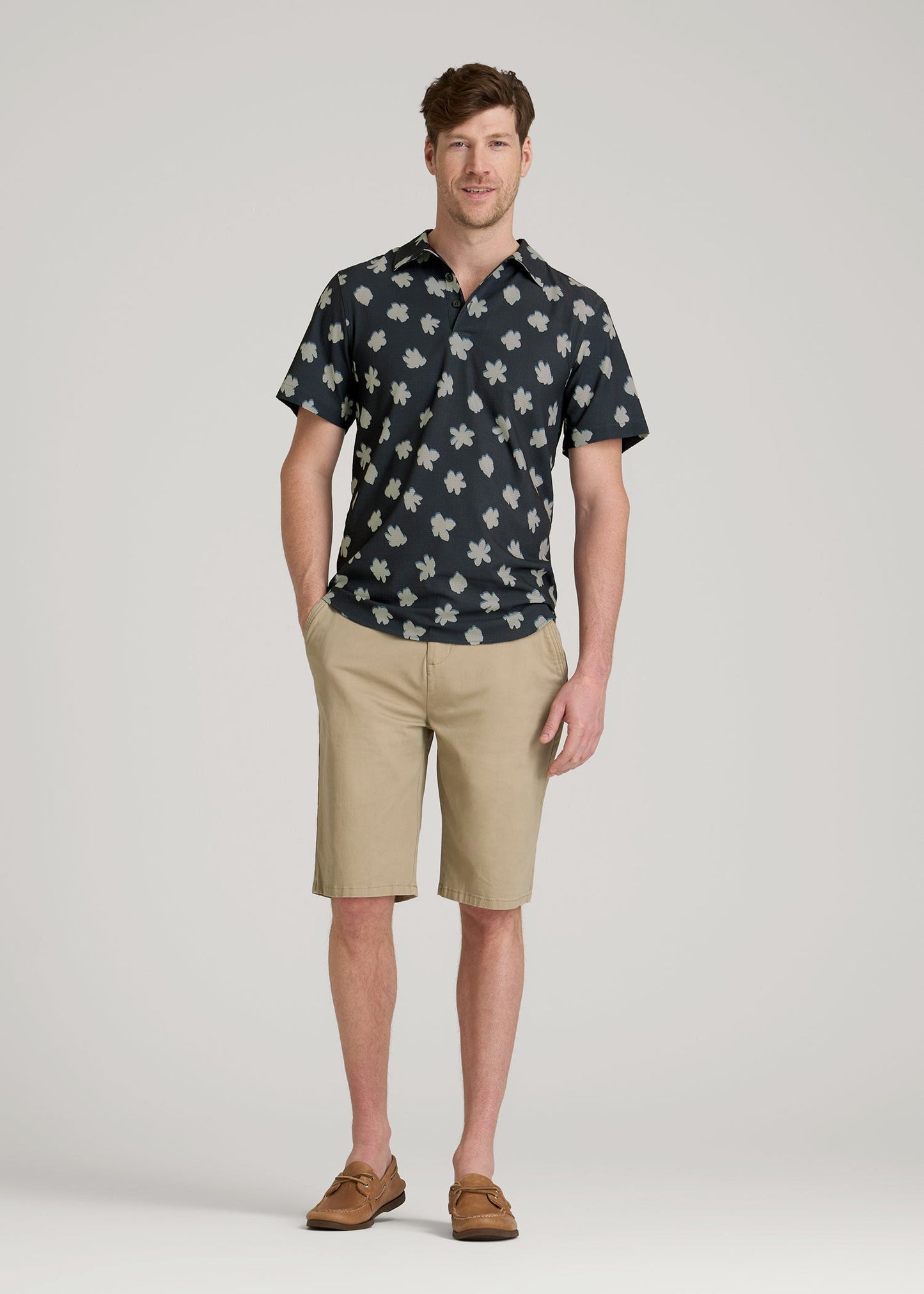 Coastal Perforated Polo Shirt for Tall Men in Navy and Bone Floral
