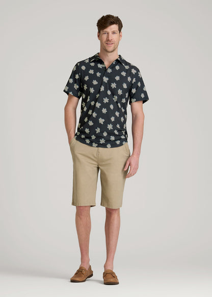Coastal Perforated Polo Shirt for Tall Men in Navy and Bone Floral