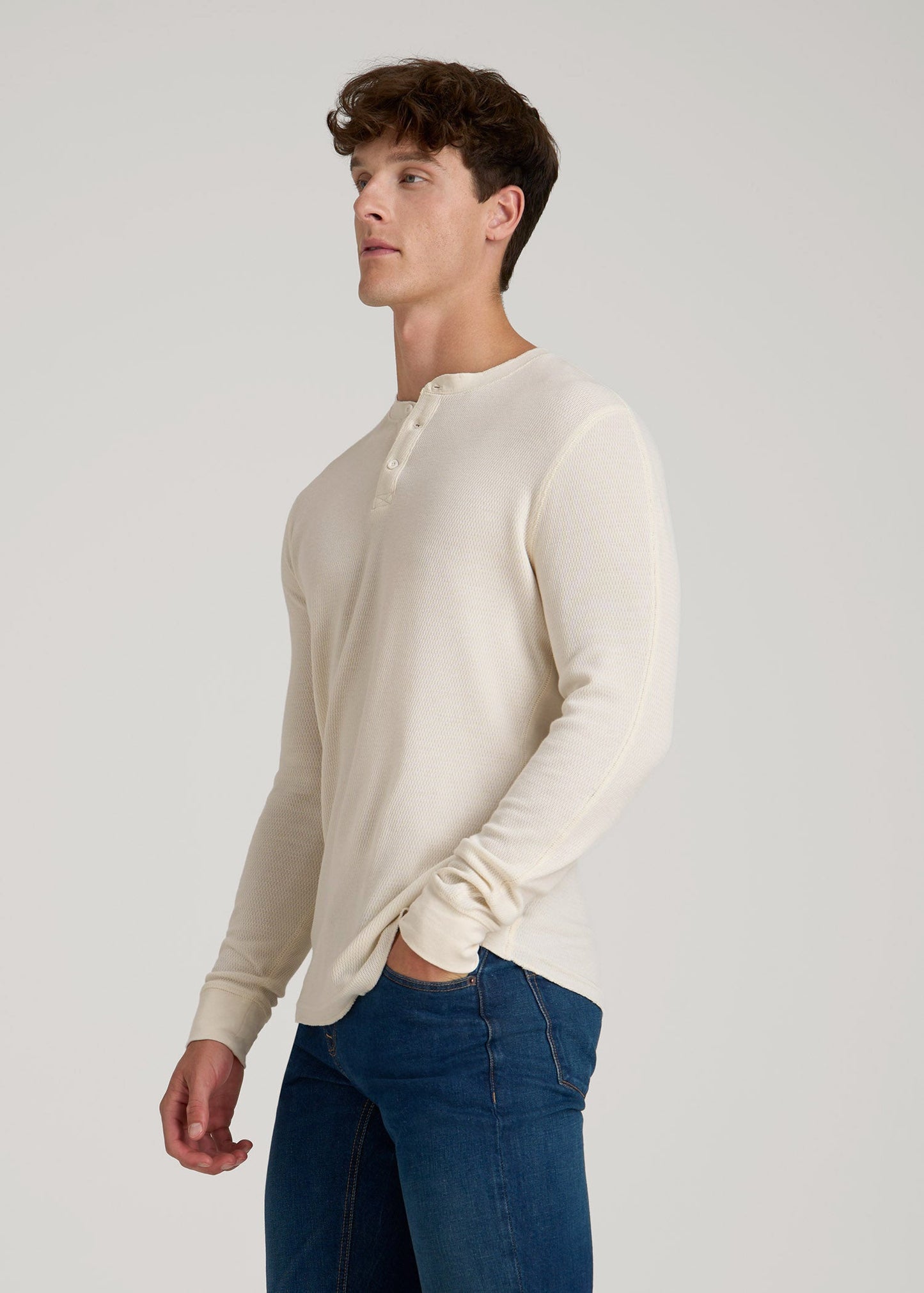 Double Honeycomb Thermal Long-Sleeve Henley Shirt for Tall Men in White Alyssum