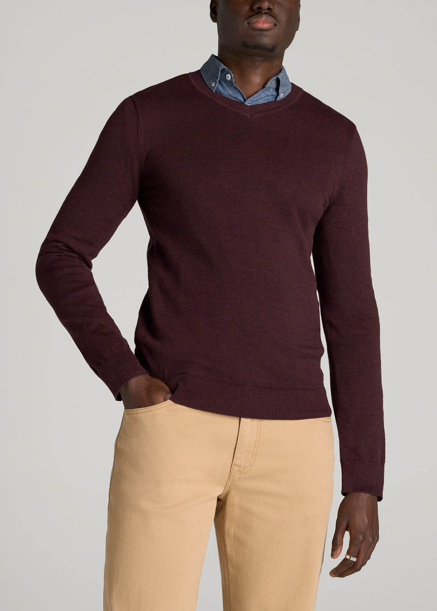 Everyday V-Neck Sweater for Tall Men in Burgundy Mix