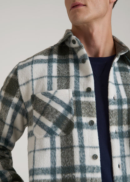 Brushed Flannel Overshirt for Tall Men in Ecru and Green Plaid