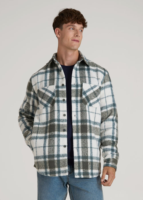 Brushed Flannel Overshirt for Tall Men in Ecru and Green Plaid