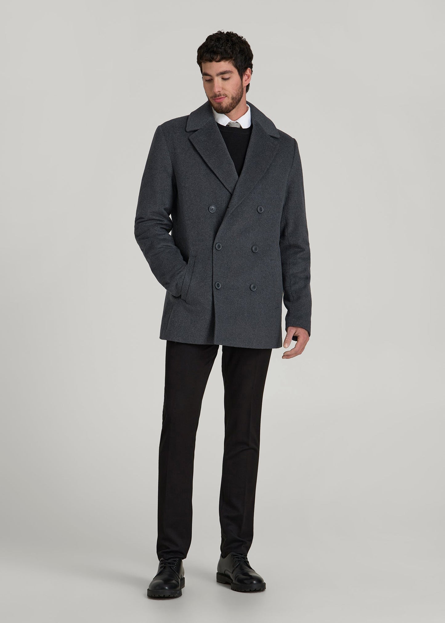 Double-Breasted Wool Peacoat for Tall Men in Dark Grey Mix