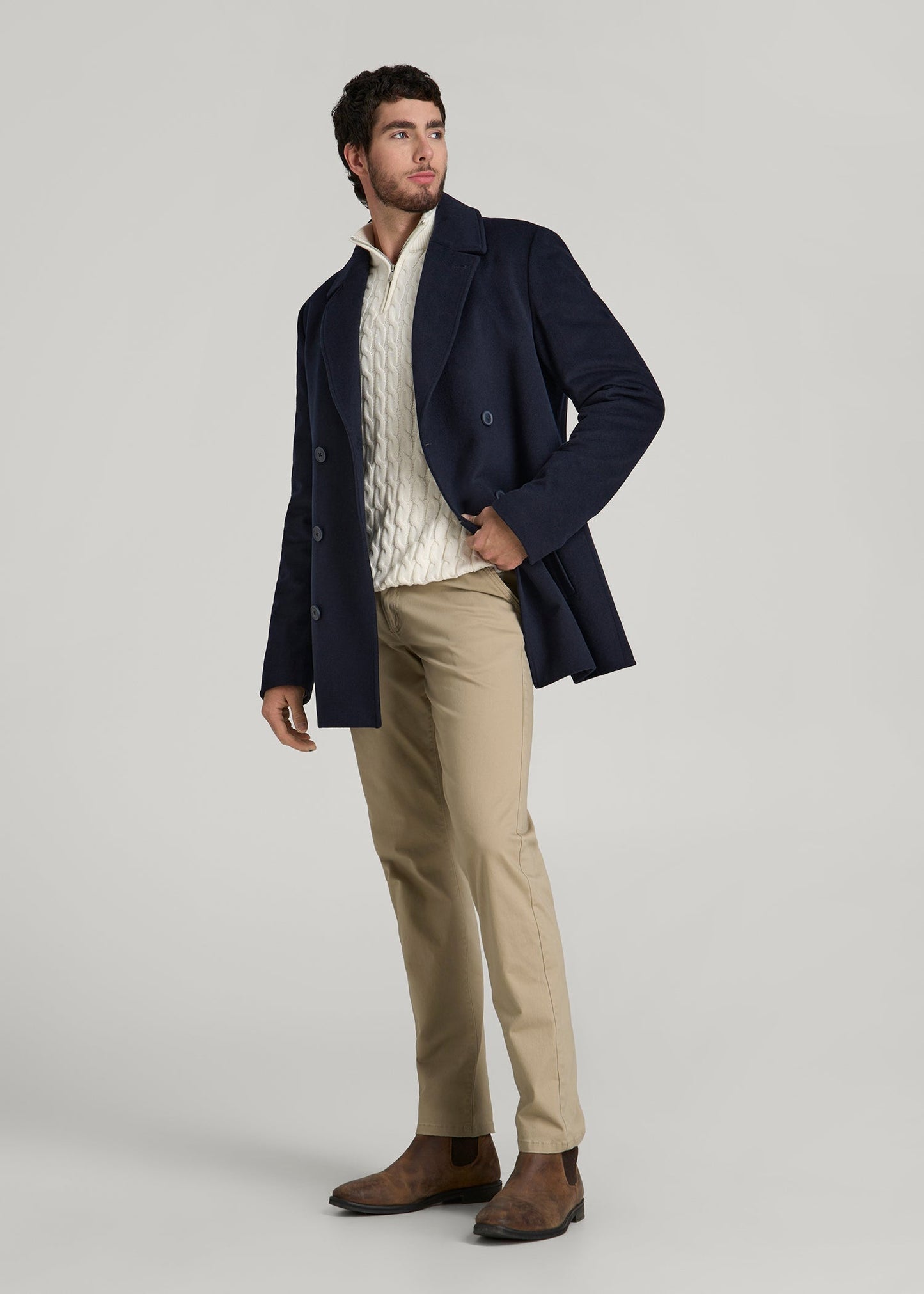Double-Breasted Wool Peacoat for Tall Men in Deep Navy