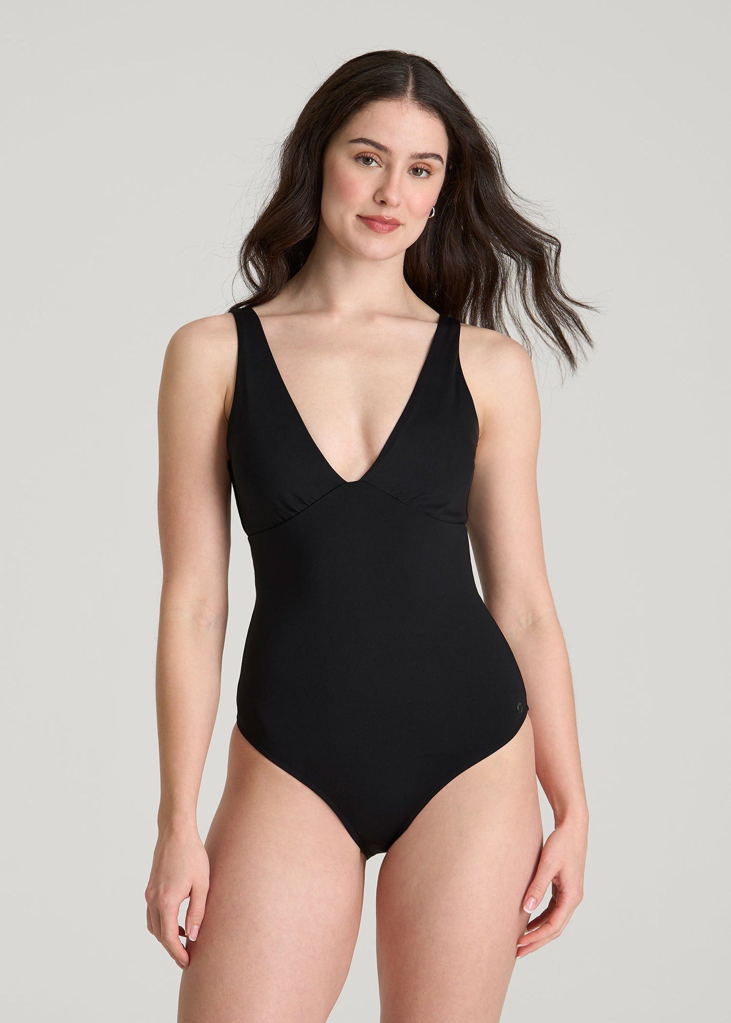 Classic V-Neck One Piece Swimsuit for Tall Women in Deep Black