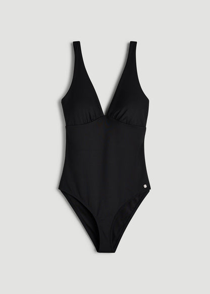 Classic V-Neck One Piece Swimsuit for Tall Women in Deep Black