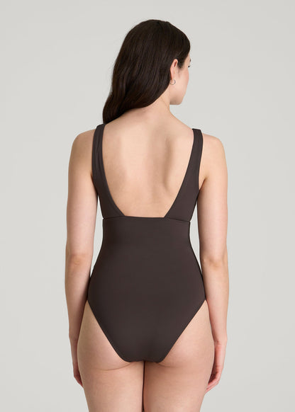 Classic V-Neck One Piece Swimsuit for Tall Women in Espresso