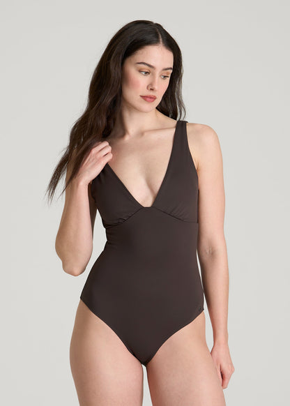 Classic V-Neck One Piece Swimsuit for Tall Women in Espresso