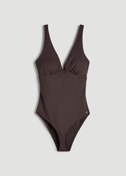 Classic V-Neck One Piece Swimsuit for Tall Women in Espresso