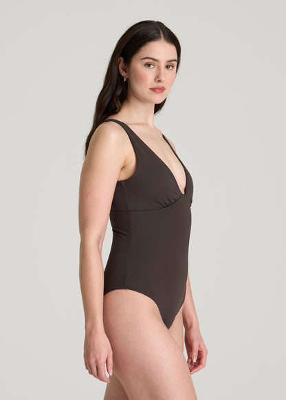 Classic V-Neck One Piece Swimsuit for Tall Women in Espresso