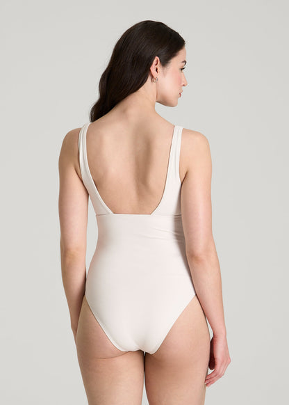 Classic V-Neck One Piece Swimsuit for Tall Women in White Sand