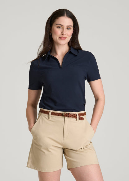 Coastal perforated short sleeve golf polo for Tall Women in Navy