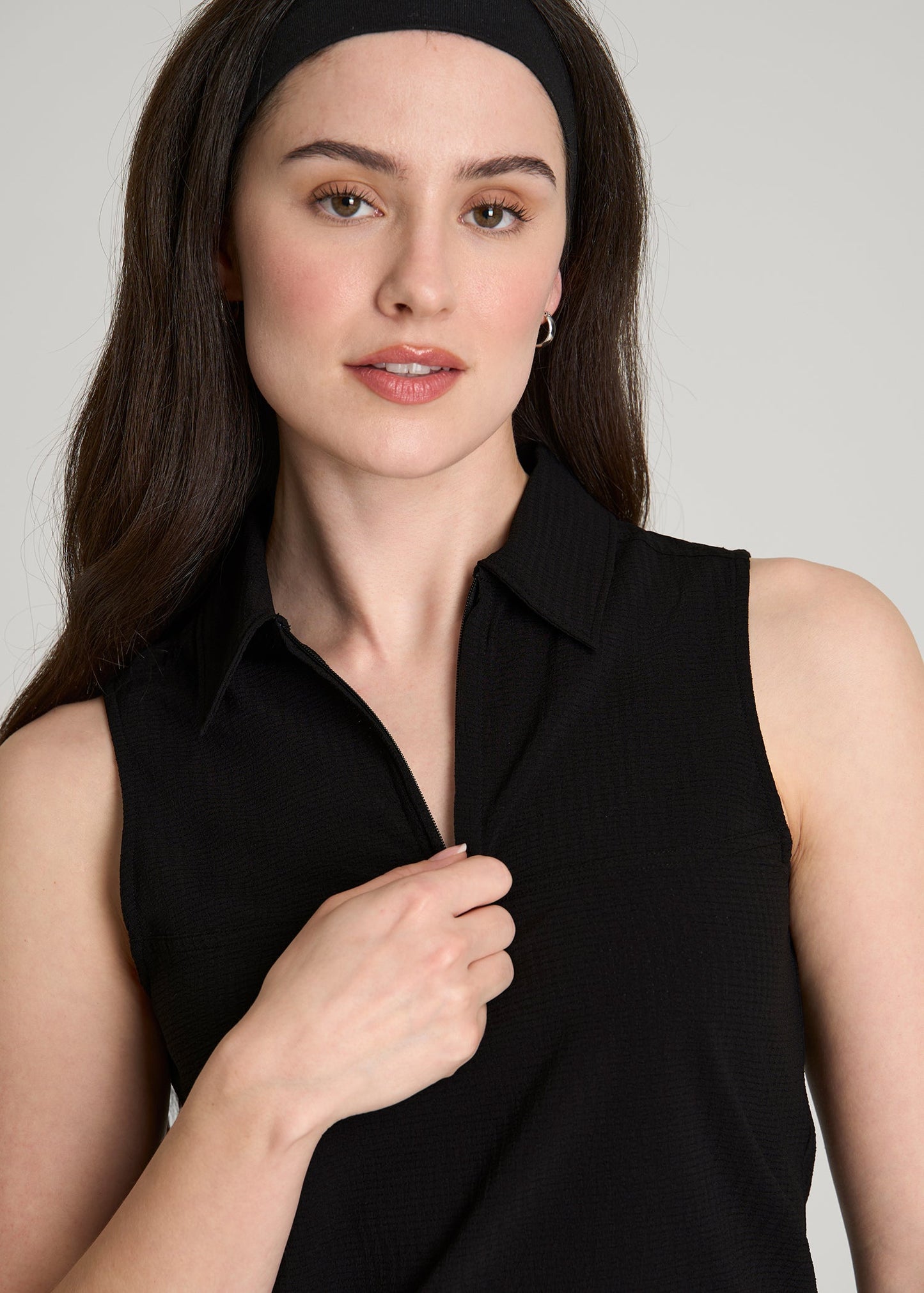 Coastal Perforated Sleeveless Polo for Tall Women in Black