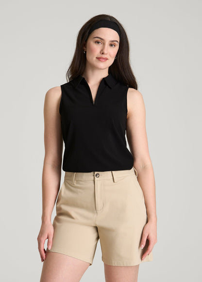 Coastal Perforated Sleeveless Polo for Tall Women in Black