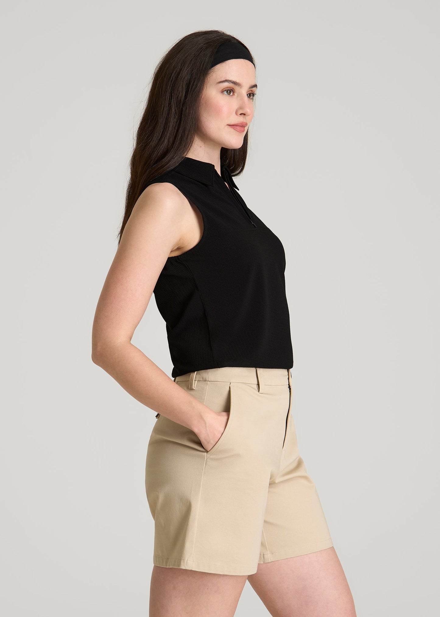 Coastal Perforated Sleeveless Polo for Tall Women in Black