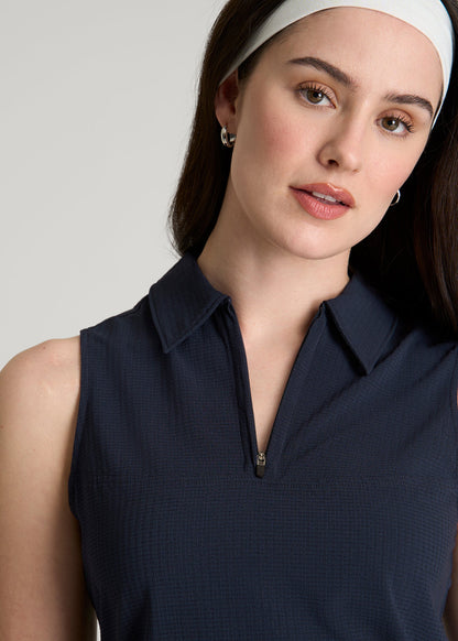 Coastal Perforated Sleeveless Polo for Tall Women in Navy