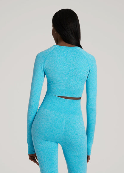 Compression Long Sleeve Cropped Training Top for Tall Women in Scuba Blue Mix