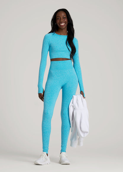 Compression Long Sleeve Cropped Training Top for Tall Women in Scuba Blue Mix