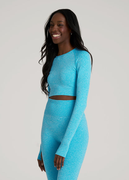 Compression Long Sleeve Cropped Training Top for Tall Women in Scuba Blue Mix